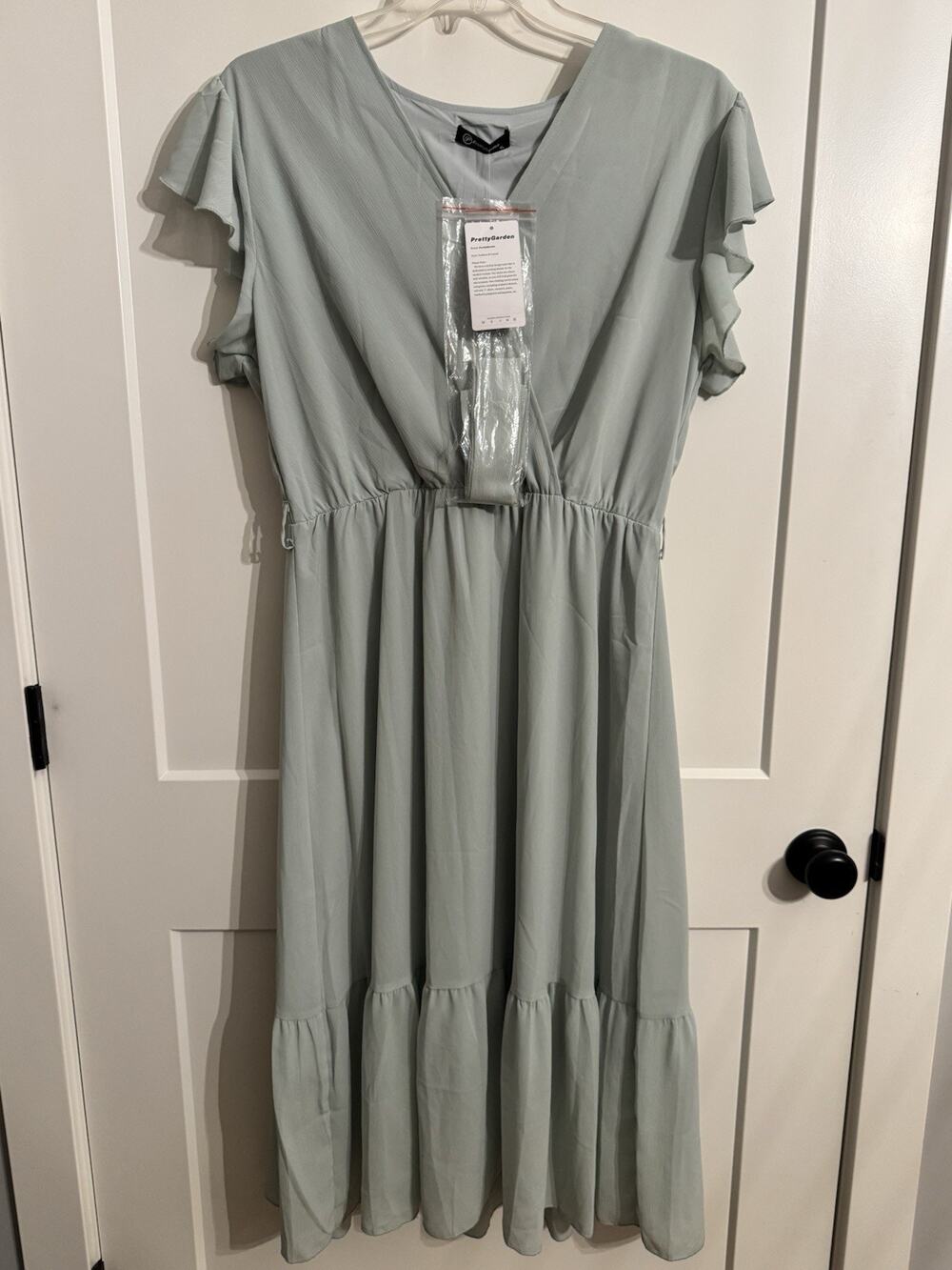 NWT Pretty Gardens Sz XL Sage Green Dress Short Sleeve Spring Easter Belt V-Neck
